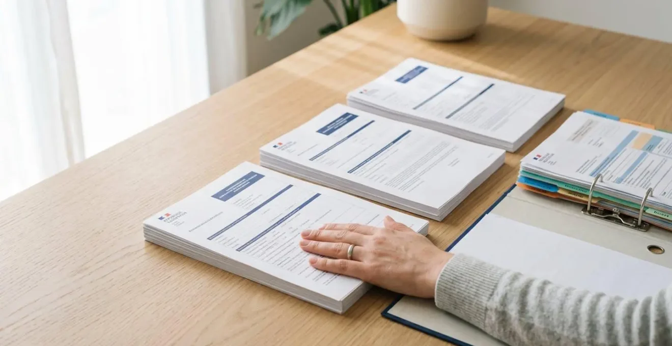 Bureau organisé avec documents administratifs alignés en piles, classeur à intercalaires et main posée calmement, symbolisant la maîtrise du dossier de création d'entreprise