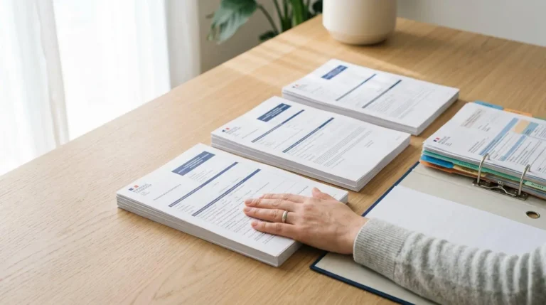 Bureau organisé avec documents administratifs alignés en piles, classeur à intercalaires et main posée calmement, symbolisant la maîtrise du dossier de création d'entreprise