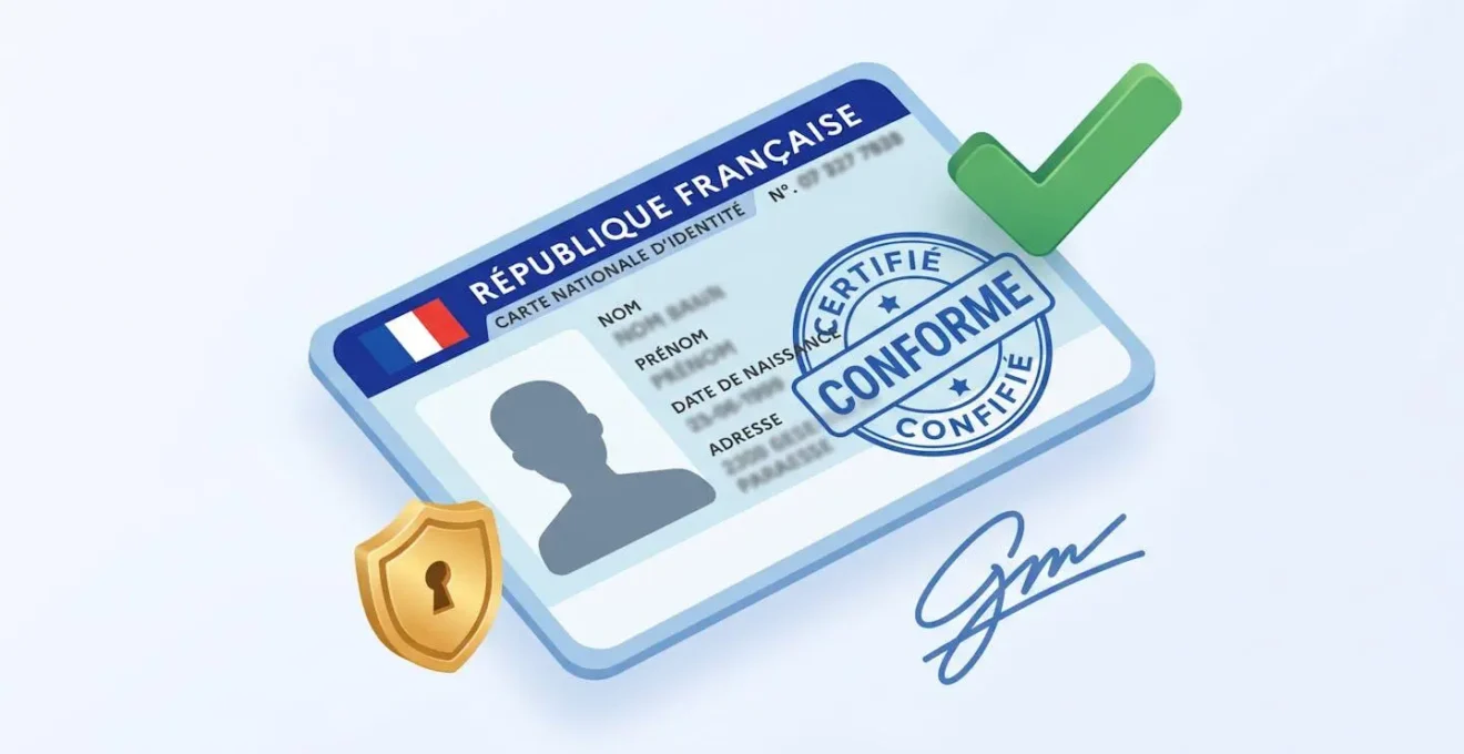 Illustration isométrique d'une carte d'identité avec tampon certifié conforme, coche de validation et symboles de sécurité