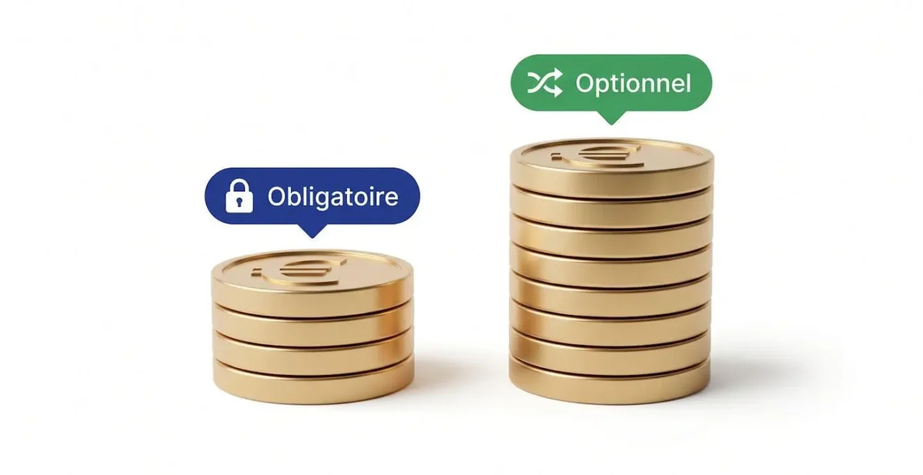 Deux piles de pièces d'euros en 3D de hauteurs différentes, l'une étiquetée obligatoire avec cadenas, l'autre optionnel avec symbole de choix