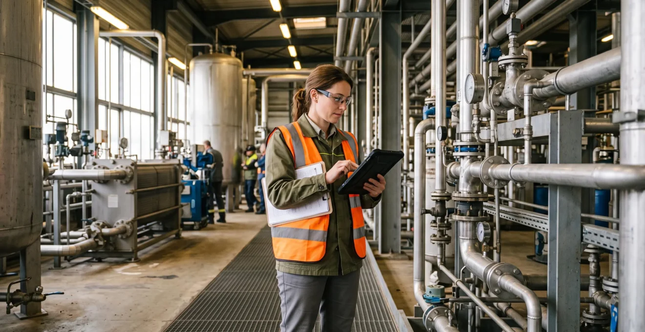 Auditeur ESG inspectant des installations industrielles sur un site de production français, tablette en main pour la collecte de données techniques