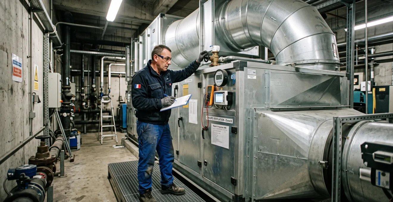 Responsable technique inspectant un système de ventilation industriel récemment installé dans un local technique