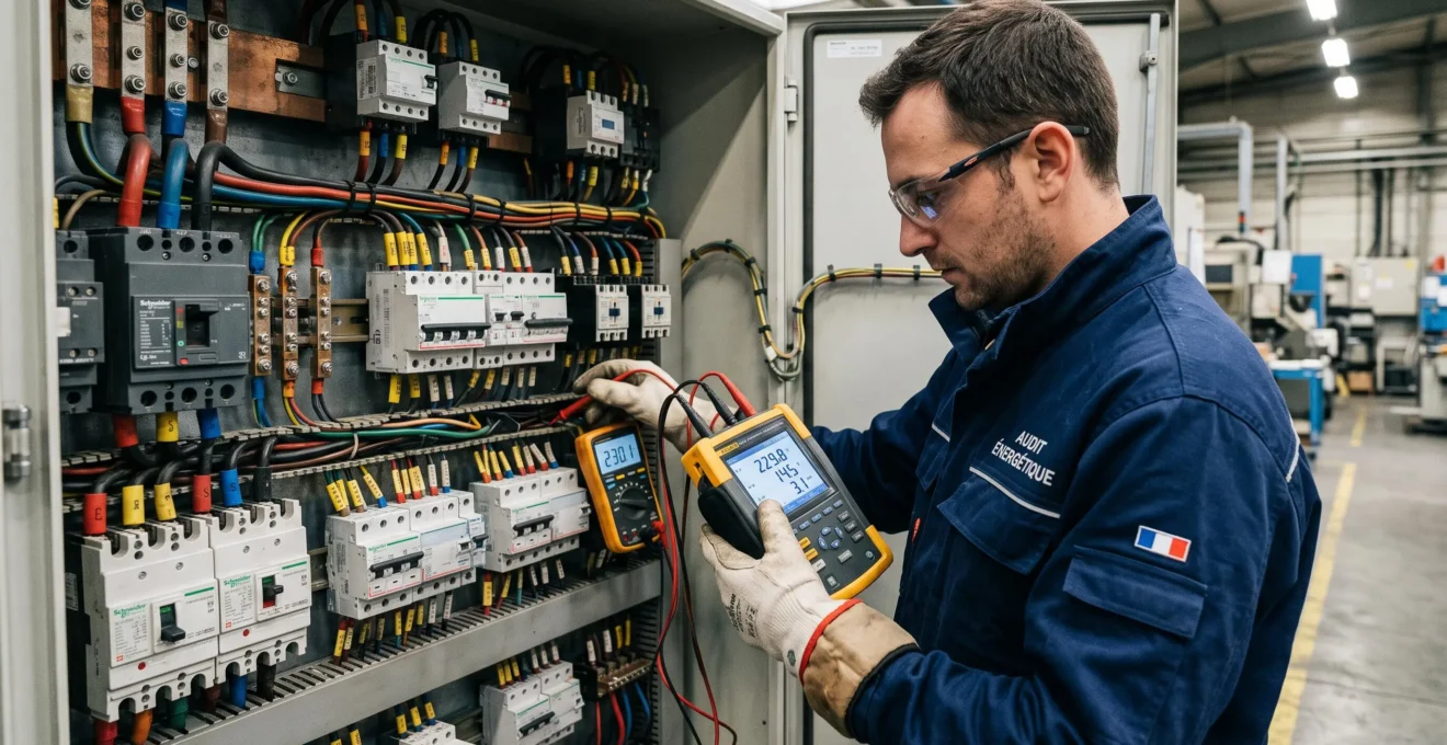 Auditeur énergétique réalisant des mesures de consommation électrique sur un tableau électrique industriel avec analyseur de puissance