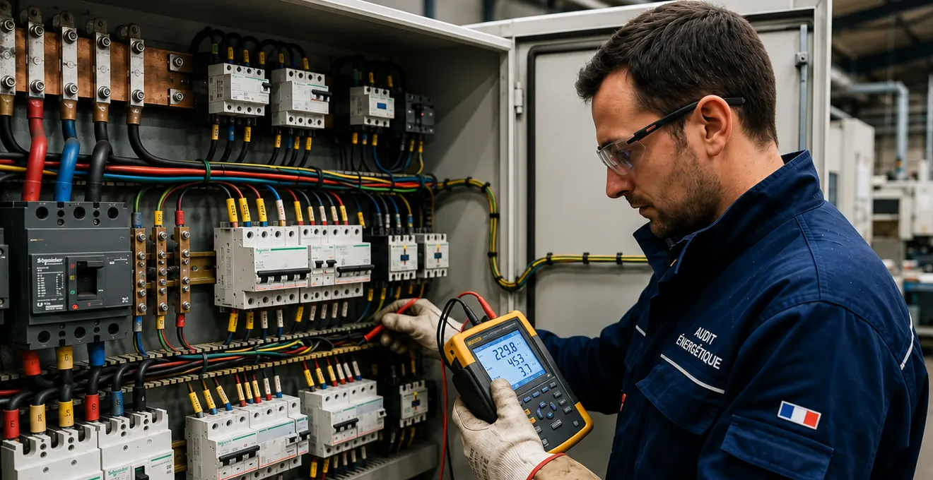 Auditeur énergétique réalisant des mesures de consommation électrique sur un tableau électrique industriel avec analyseur de puissance